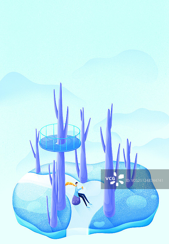 苍茫的冬天 捧着奶茶带围巾的男孩坐在树林中的冰面上插画背景海图片素材