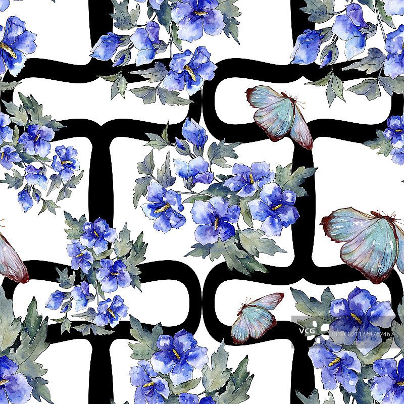 水彩蓝色罂粟花花束背景图案图片素材