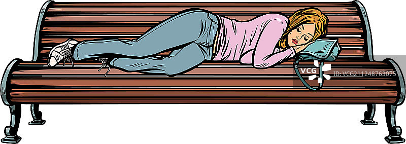 年轻女人睡在长椅上，无家可归图片素材