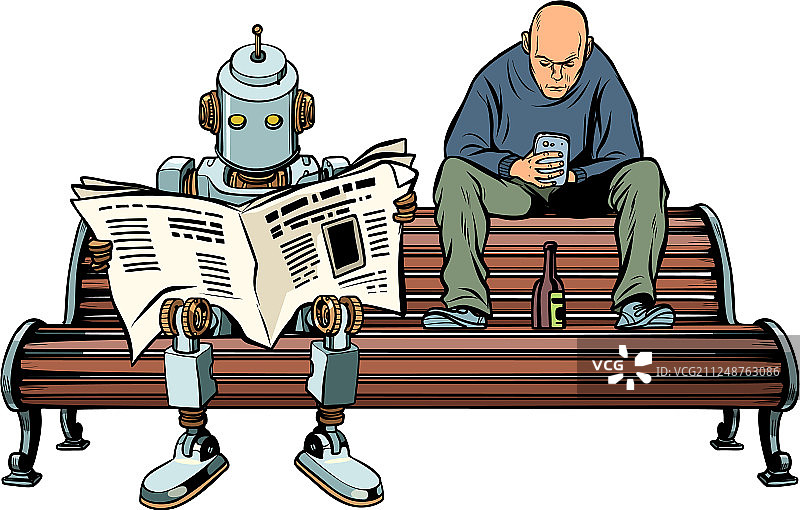 机器人正在阅读早报，旁边是一个醉酒的男人图片素材