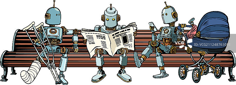 机器人在公园长椅上休息图片素材