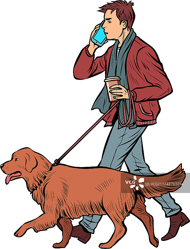 男子遛金毛寻回犬图片素材