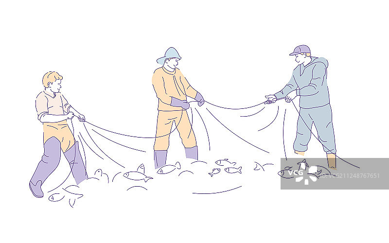 穿胶靴的渔民用渔网捕鱼图片素材