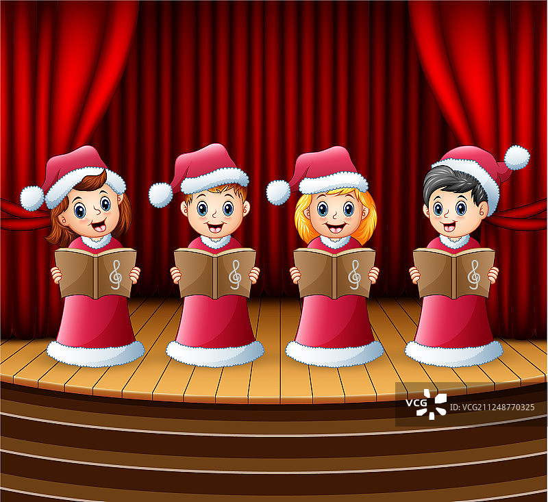 卡通儿童身穿红色圣诞服装唱歌图片素材