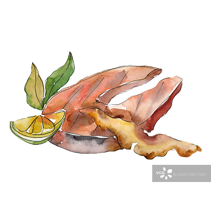 水彩风格的美味烤牛排食物。水彩食物插图背景素材。独立牛排元素图片素材