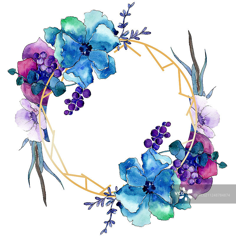 花卉植物花朵花束水彩背景插图集，边框水晶装饰方块图片素材