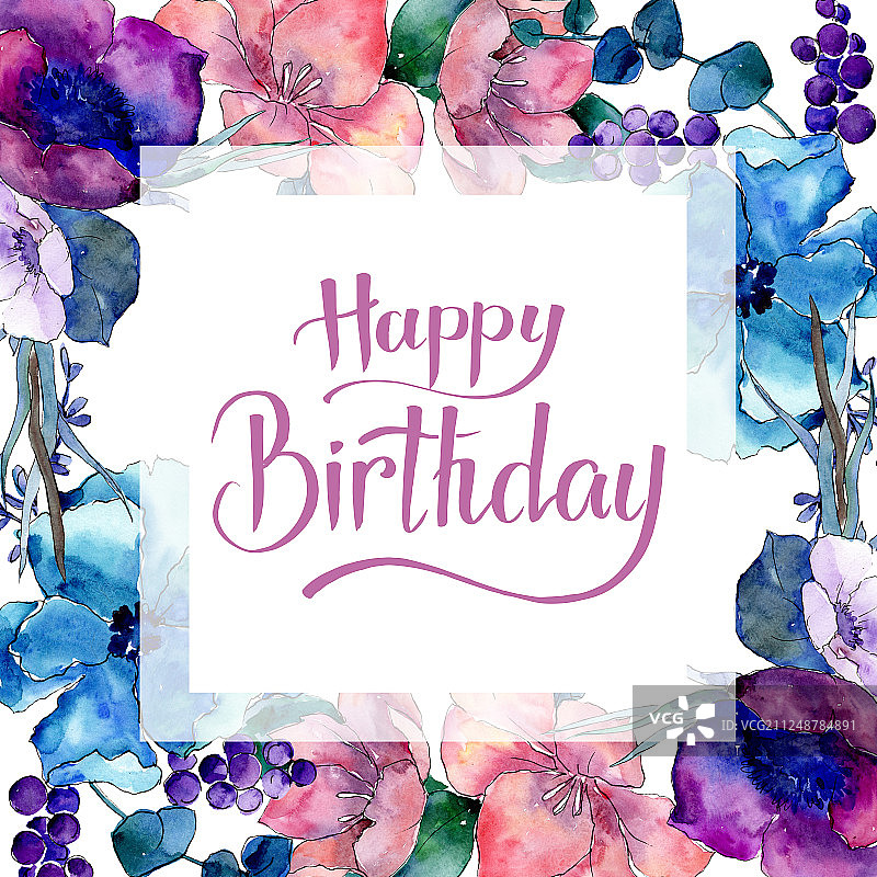 花束，植物花。水彩背景插图集。边框装饰方形。图片素材