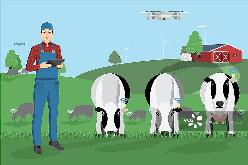 在牧场上手持平板电脑的农民图片素材