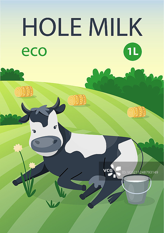 绿色背景上拿着牛奶桶的可爱奶牛图片素材