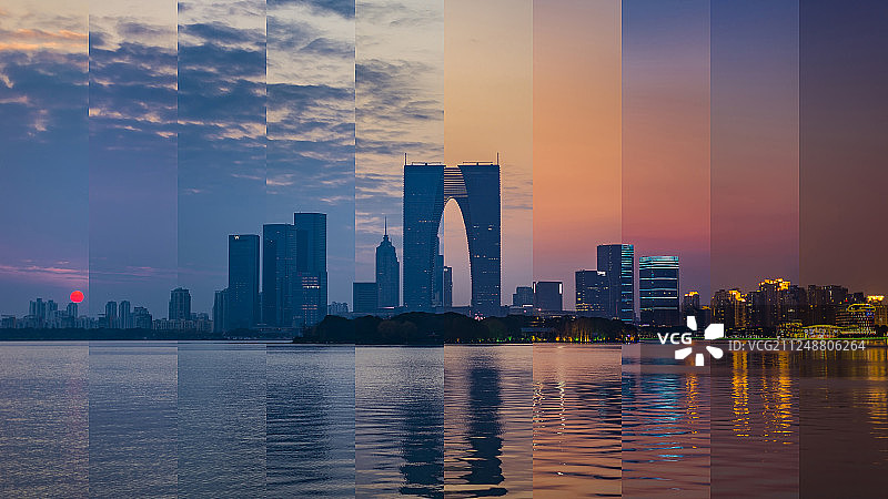 金鸡湖畔东方之门日落时间切片图片素材