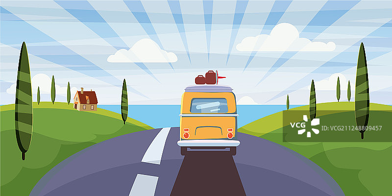 在通往大海的路上行驶的旅行露营车图片素材