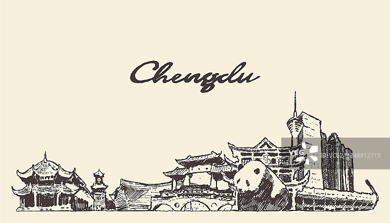 中国四川成都天际线手绘草图图片素材