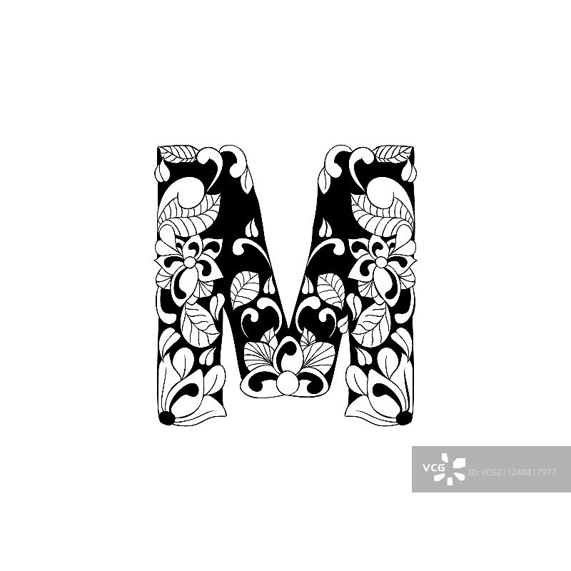 用于激光切割或着色书的花卉字母图片素材