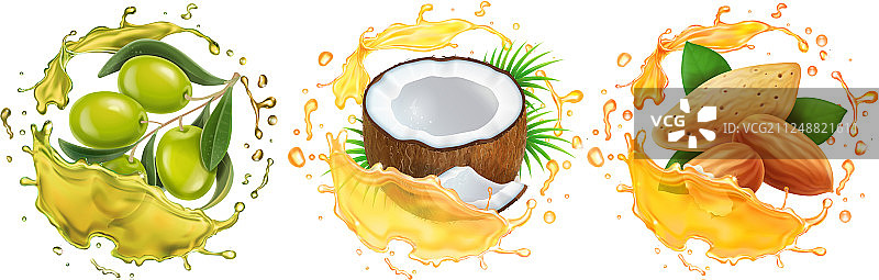 椰子橄榄杏仁油飞溅套装图片素材