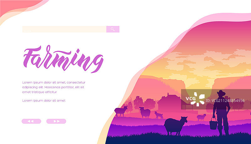 农民提篮站在草地绵羊旁图片素材