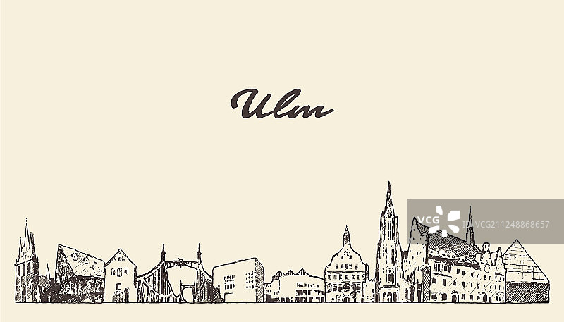 德国巴登-符腾堡州乌尔姆天际线手绘图图片素材