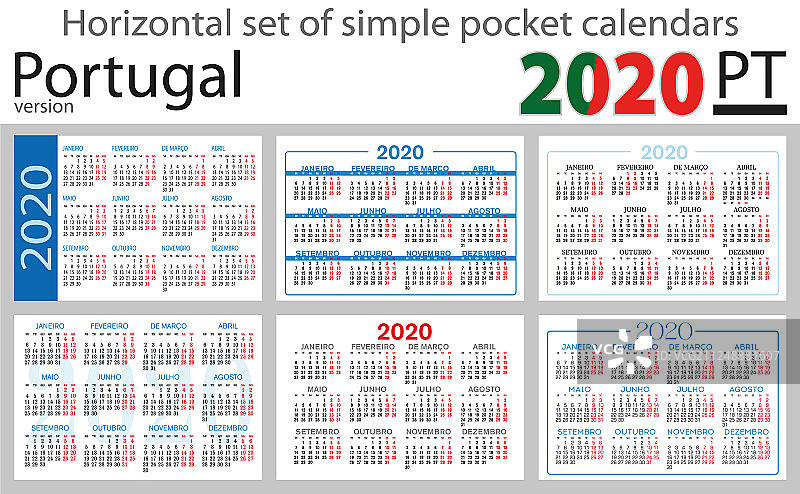 2020年葡萄牙横款袖珍日历图片素材