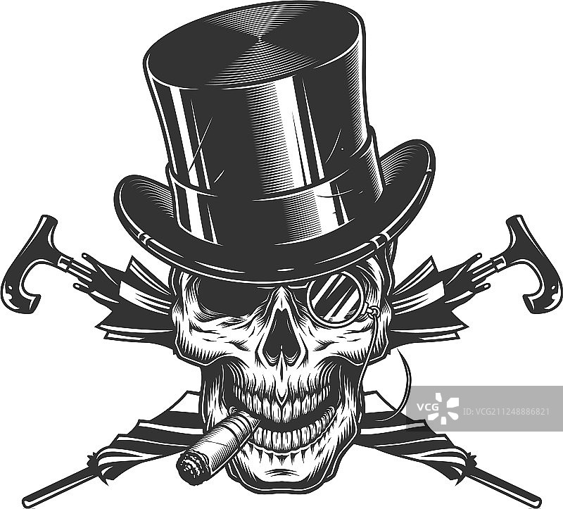 戴着高筒礼帽的复古绅士骷髅图片素材
