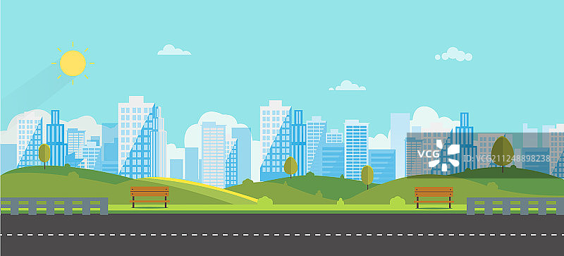 设有长椅的公园，通往城市主干道图片素材