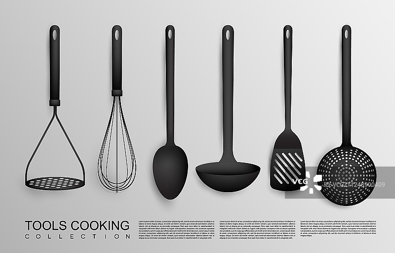 逼真的黑色厨房用具合集图片素材