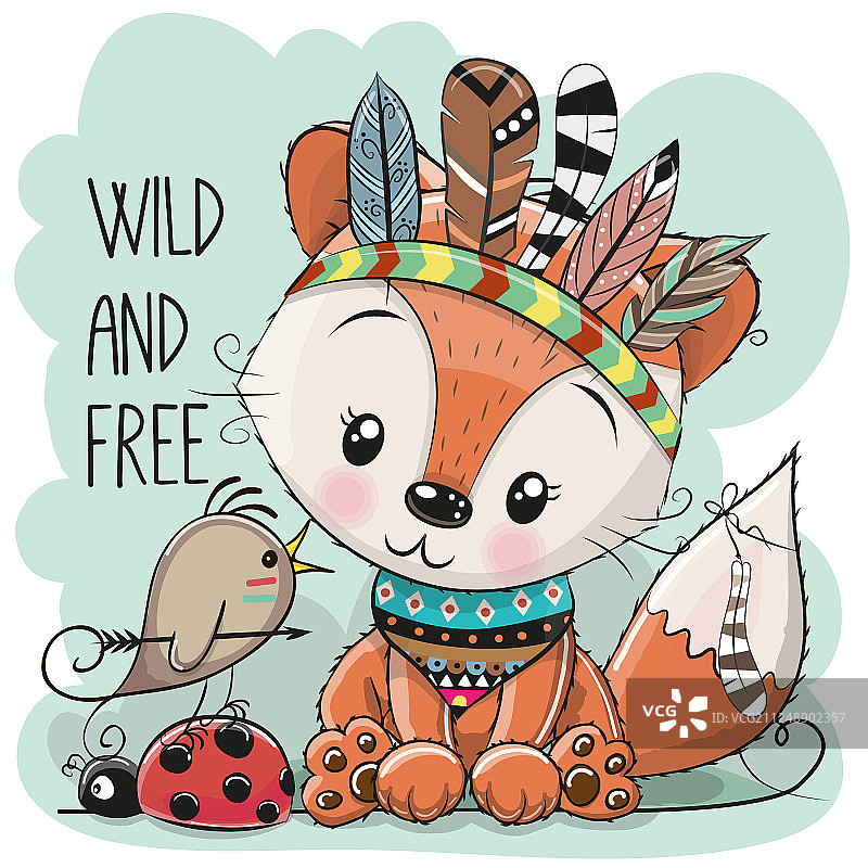 带羽毛的可爱部落狐狸和小鸟图片素材