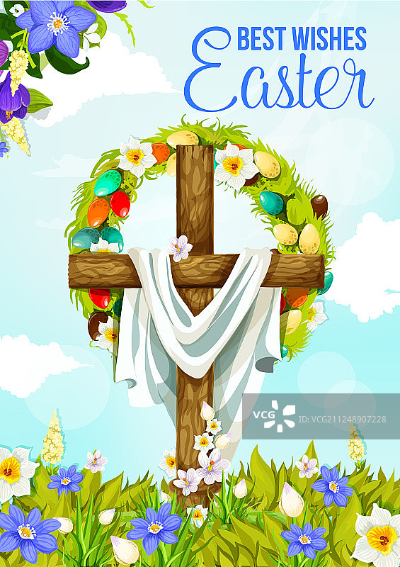 带有彩蛋和鲜花的复活节十字架横幅图片素材