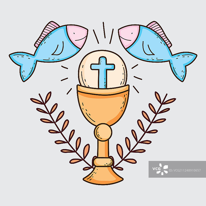 带有圣餐饼、树枝、叶子和鱼的圣杯图片素材