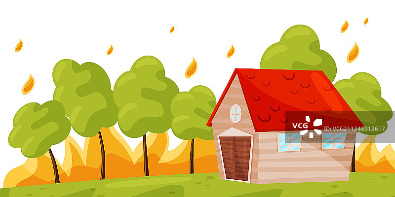 房屋附近的野火与绿树图片素材
