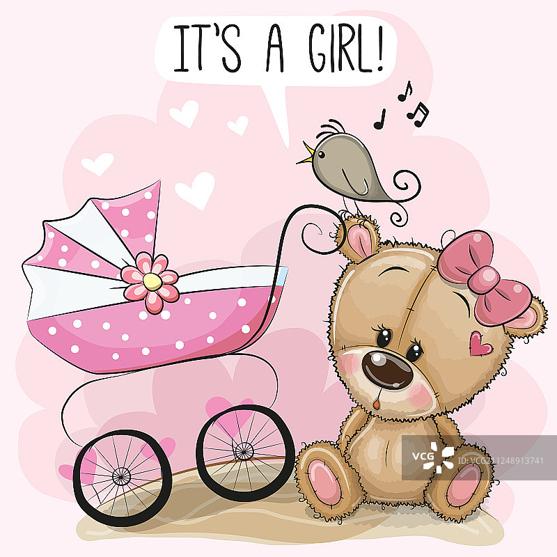 婴儿车和泰迪熊图片素材