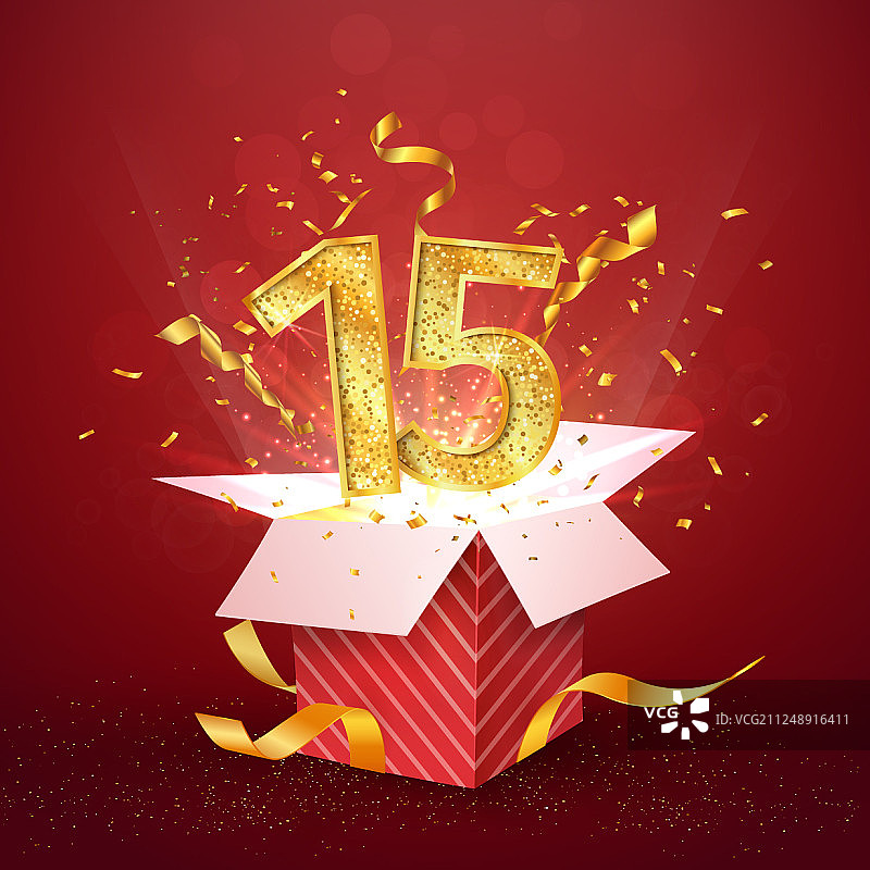 15周年纪念和打开的礼品盒图片素材