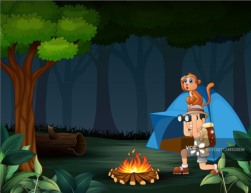 动物园管理员男孩和他的猴子在森林里露营图片素材