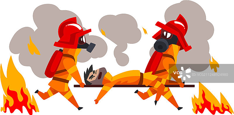 戴着面具的消防员抬着伤员图片素材