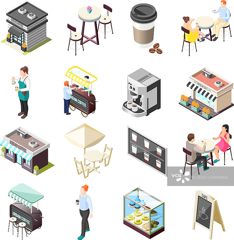 街头咖啡2.5D图标集图片素材