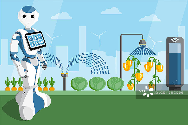 在温室中使用平板电脑的机器人图片素材