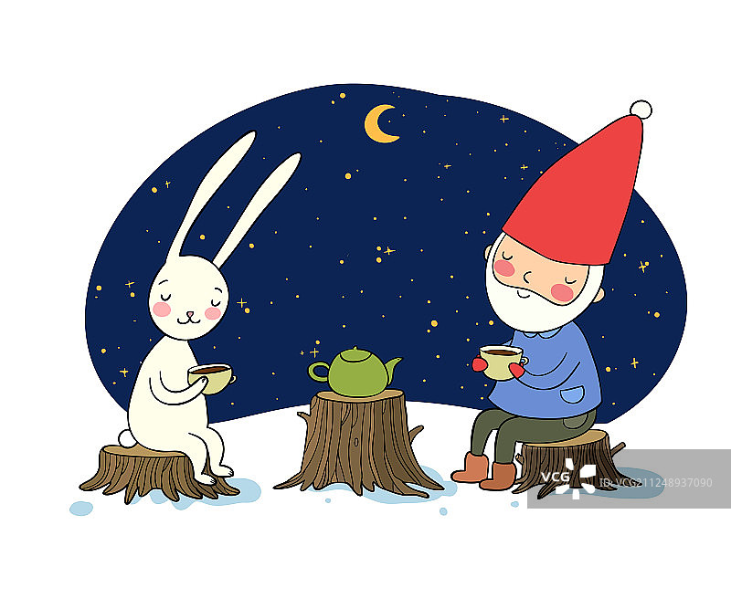 森林里的小矮人和野兔喝茶图片素材