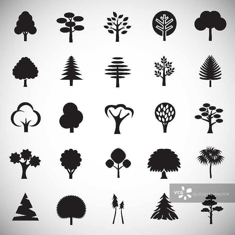 白色背景上的树木图标集，用于图形设计图片素材