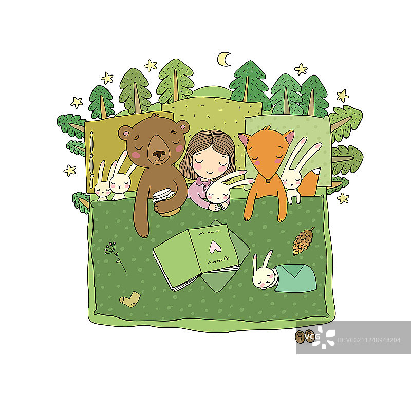 卡通女孩在床上睡觉，有婴儿和玩具图片素材