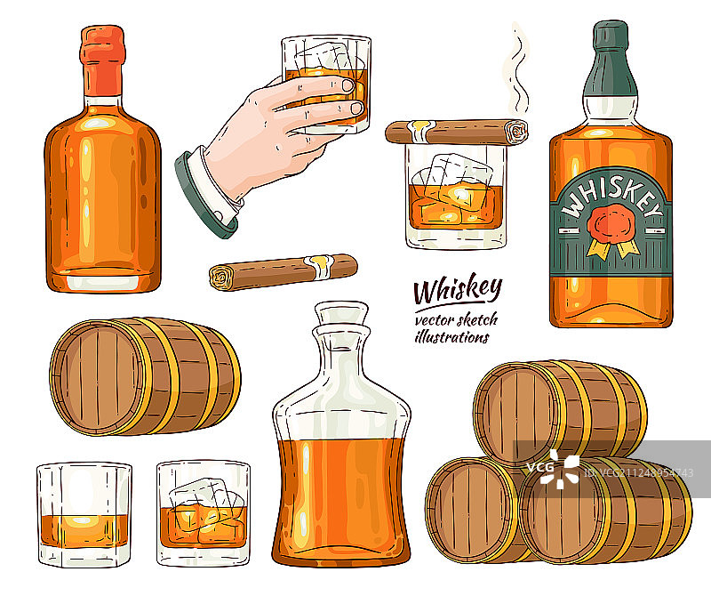 威士忌酒类符号草图图标集图片素材