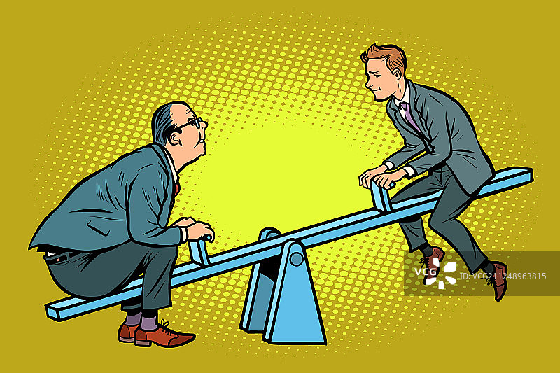 两个商业伙伴在跷跷板上保持平衡图片素材