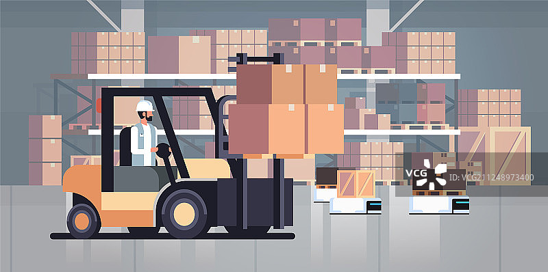 男人驾驶叉车装载机托盘车在仓库图片素材