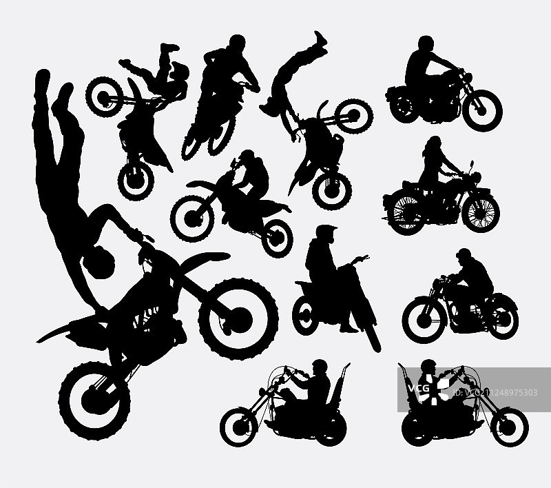 越野摩托车和复古摩托车剪影图片素材
