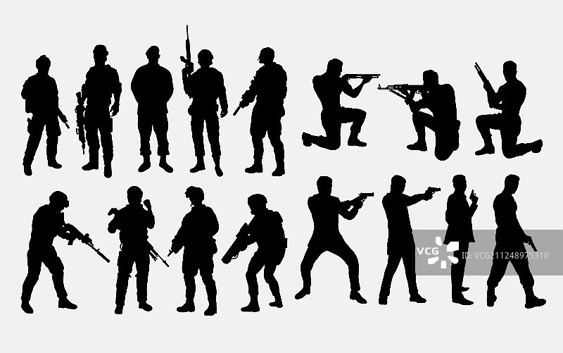 持武器的士兵、军人和特工剪影图片素材