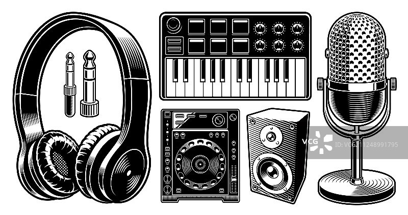 白色背景上的黑白DJ套装图片素材