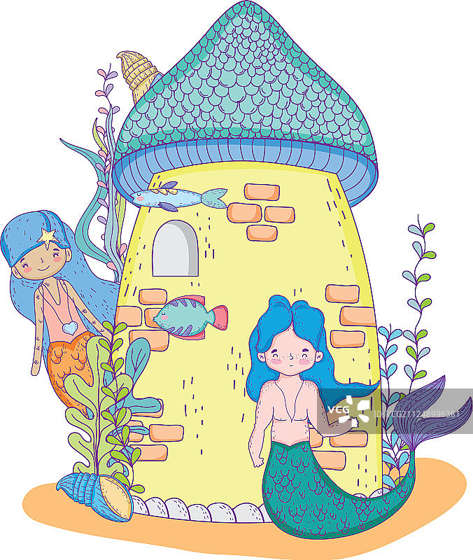 美人鱼情侣与海底城堡场景图片素材