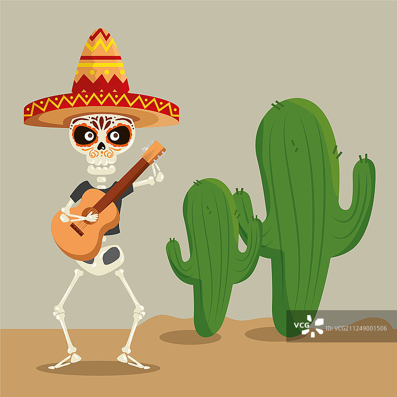 戴着帽子弹吉他庆祝的骷髅男人图片素材