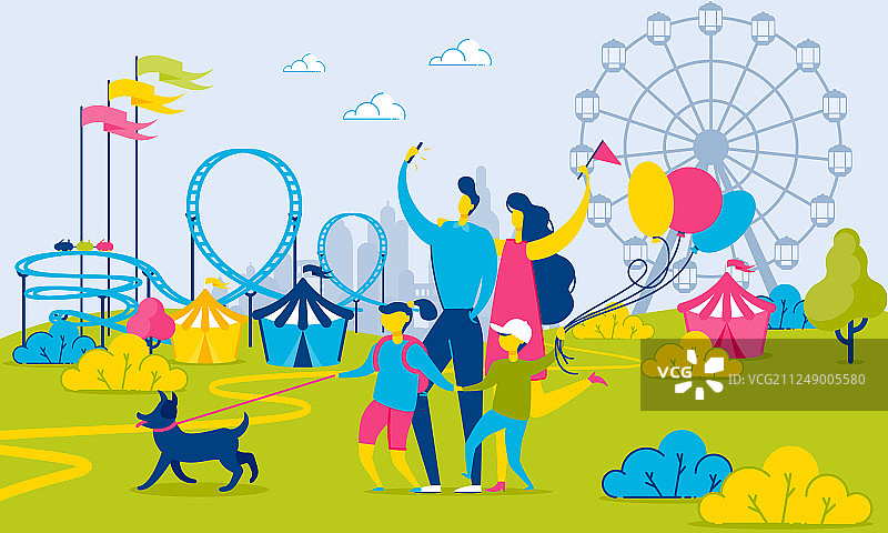 家人在游乐园旁的城市景观中散步图片素材