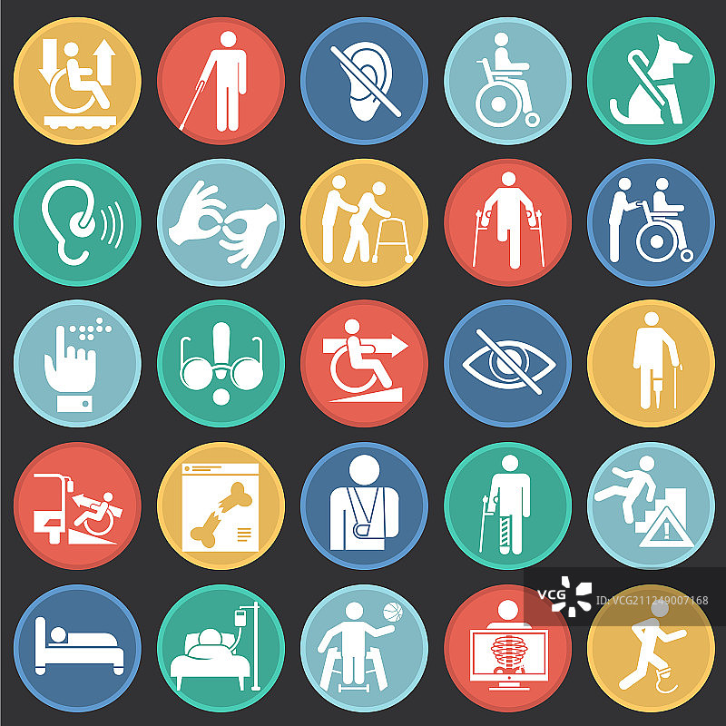 彩色圆圈黑色残疾图标集图片素材