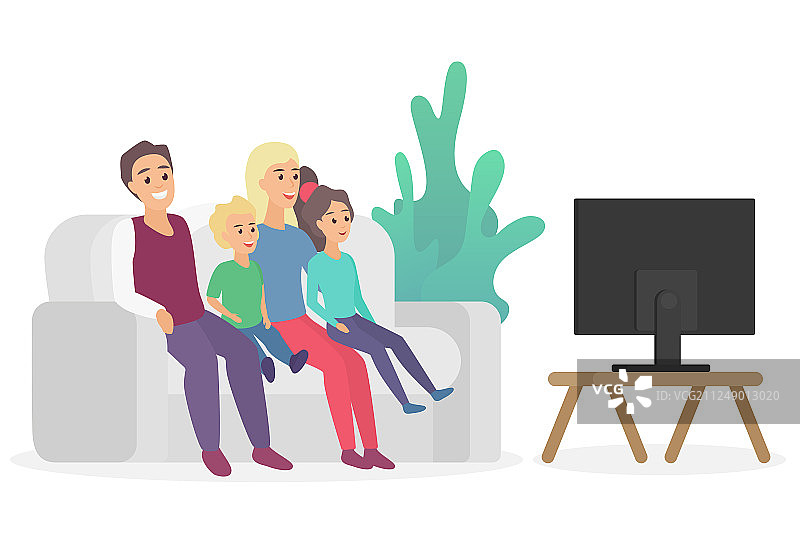 幸福的家庭坐在沙发上看电视图片素材