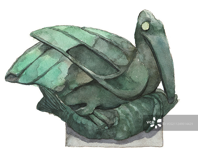 水彩手绘博物馆青铜器醍醐衔鱼铜扣饰图片素材