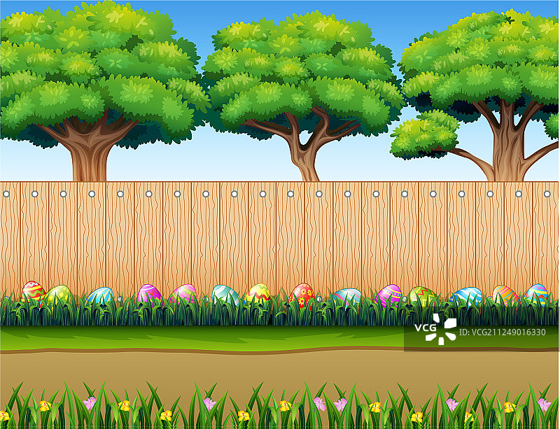 带有木制装饰的草地上装饰性复活节彩蛋图片素材